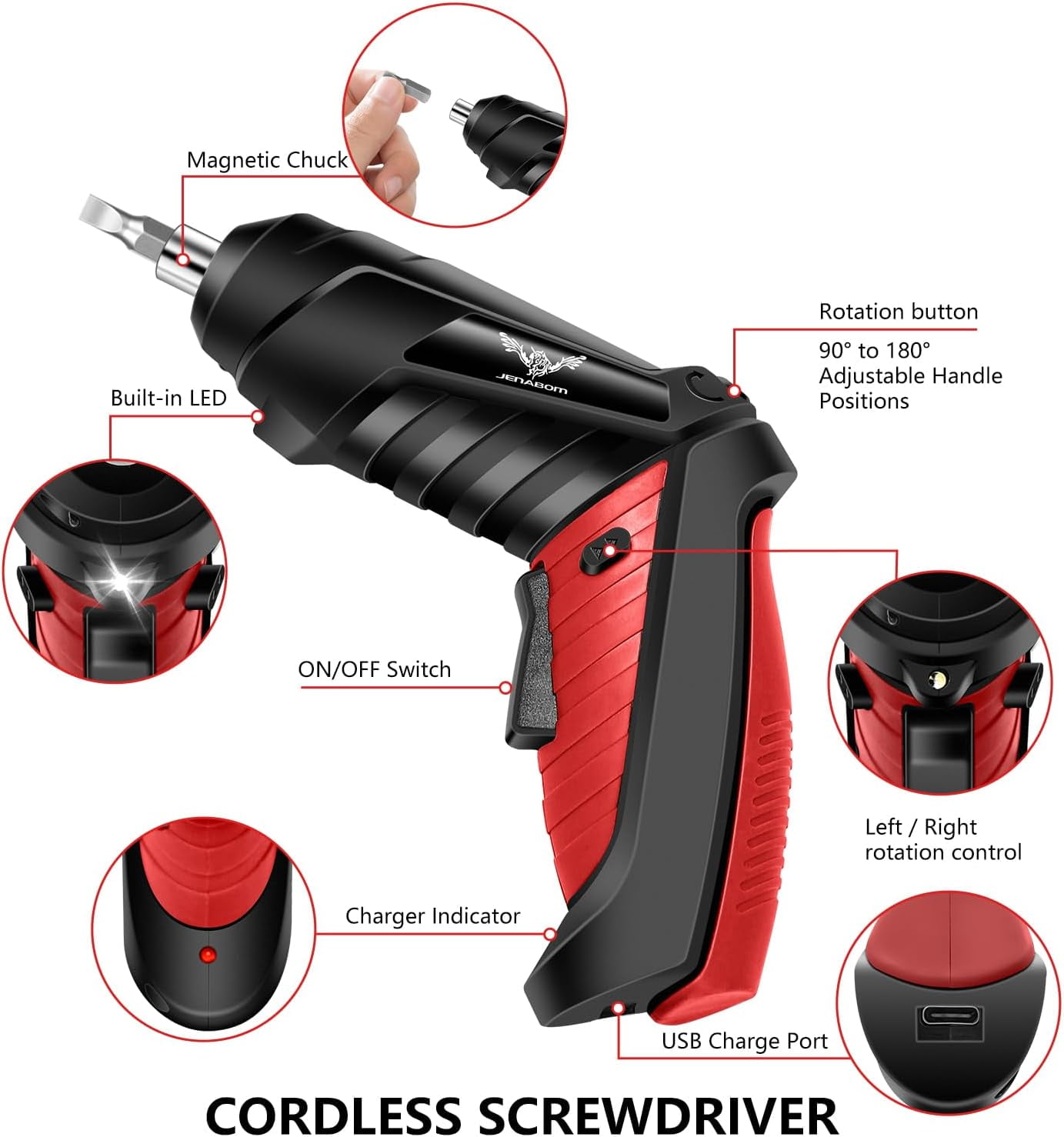 RGHJAR-14 in 1 Electric Screwdriver Cordless 3.6V Small Power Drill Set 3Nm Max Torque Rotatable Electric Screwdriver with LED Light Home Improvement & Furniture Assembly (Red)