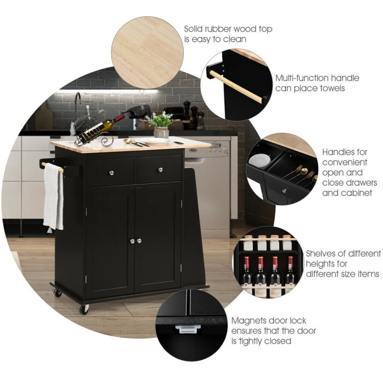 Finihen Rolling Cart, Kitchen Island Cart, Rubber Wood Countertop Rolling Kitchen Island Cart, for Kitchen, Dining Room, Black Finihen Rolling Cart, Kitchen Island Cart, Rubber Wood Countertop Rolling Kitchen Island Cart, for Kitchen, Dining Room, Black