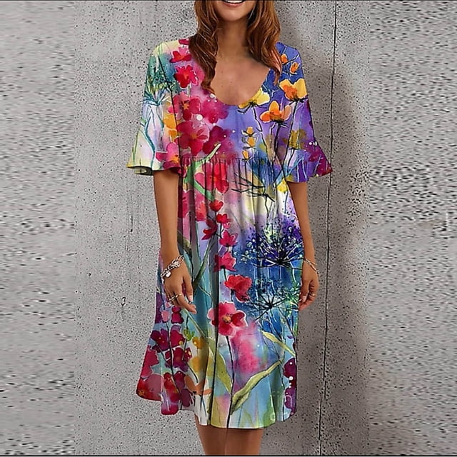 SMihono Robe d'Été Grande Taille pour Femmes 2023 Mode Femmes Rétro Fleurs Brisées Volants Manches Courtes Confortable Robe Décontractée