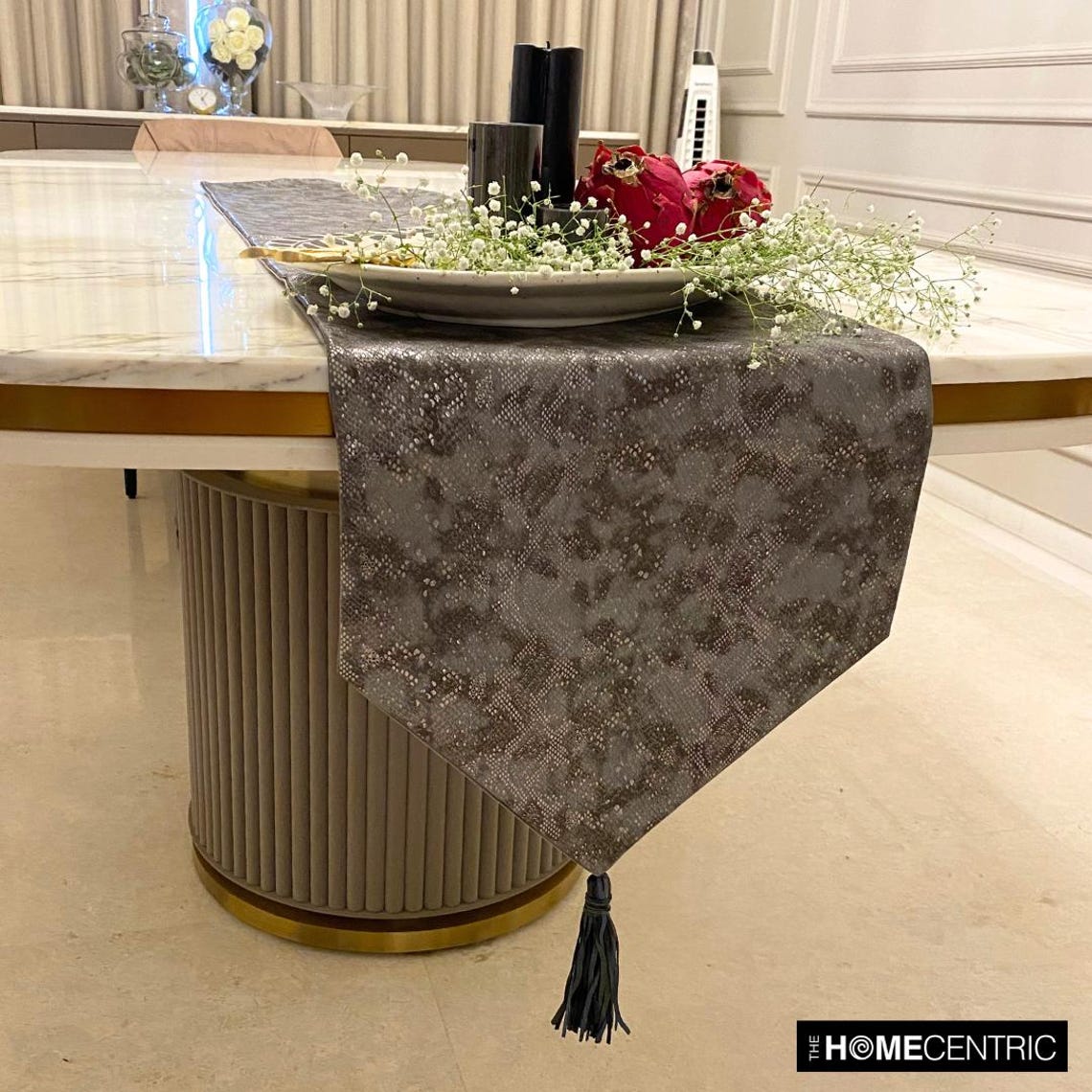 The HomeCentric Decorative Grey & Silver Table Runner Coffee Table Runner (14 x 36 inch), Metallic Leather, Animal Pattern, Tassels, Faux Leather fabric Table Linen, Animal Modern- Charcoal Chrome