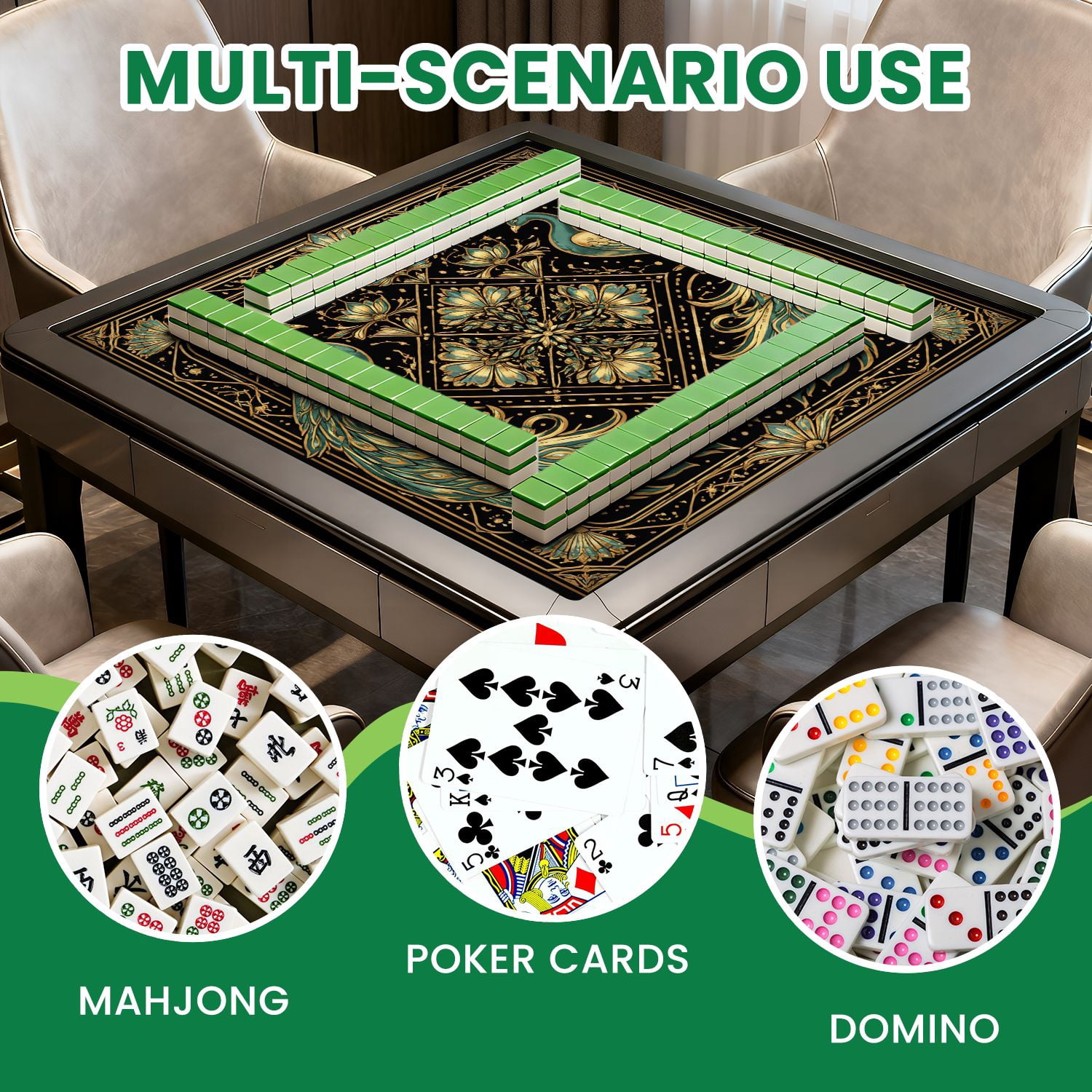 Mahjong Mat 31.5" x 31.5" Art Deco Peacock Gold Geometric Design Black Non-Slip Noise Reduction Mahjong Tiles Table Cover for Dominoes Poker Card Board and Tile Games