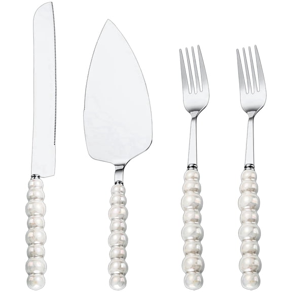 4 Pcs Cutting Set with Pearl Handle - Stainless Steel Cake Knife and Server Set | Elegant Serrated Knife & Forks for Engagement, Anniversary, Wedding, Bridal Shower & Engagement Gift