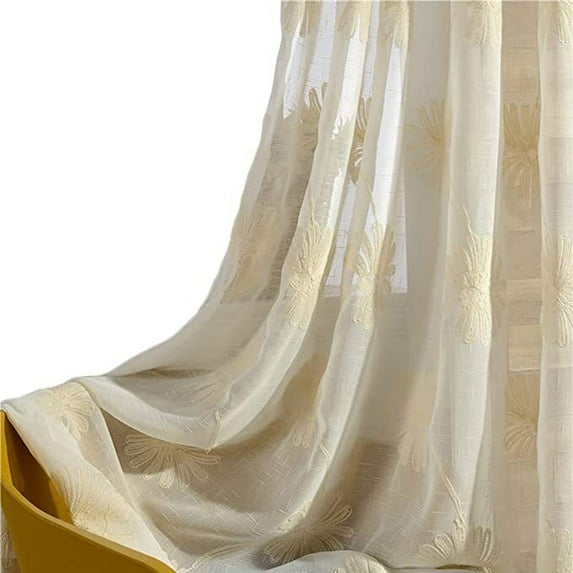 VOGOL 2 Pieces Faux Linen Sheer Curtains, Exquisite Embroidered Beige Floral Pattern Window Drapery for Kid's Room Flat, 52"x63", Rod Pocket