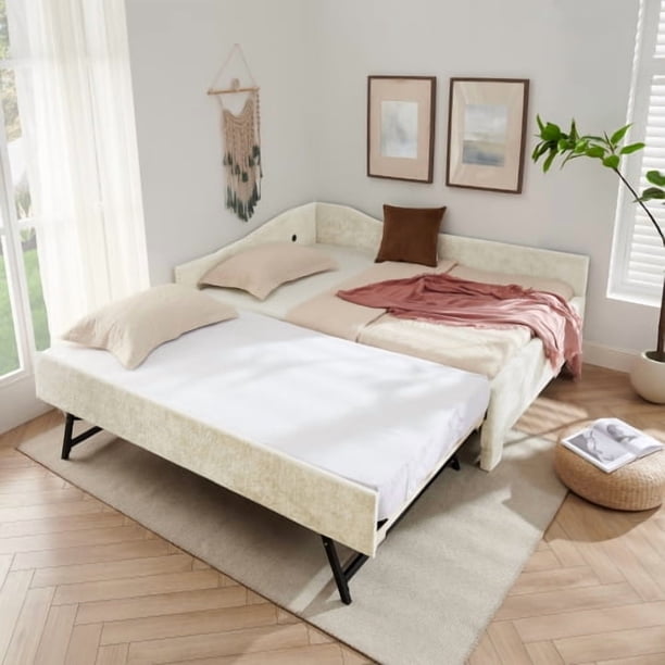 Tamaño completo curvado borde redondo acolchado respaldo cama de día, Vintage Nailhead Trim Chenilla cama de día con extraíble trundle y puerto USB