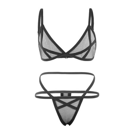 

Tangnade Ladies casual underwear bra Women Lingerie Corset Solid Mesh Underwire Sleepwear Underwear Set Black L