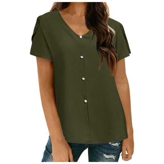 Women Fashion Solid V Neck Short Sleeve Shirt Chiffon Shirt Casual Pearl Top