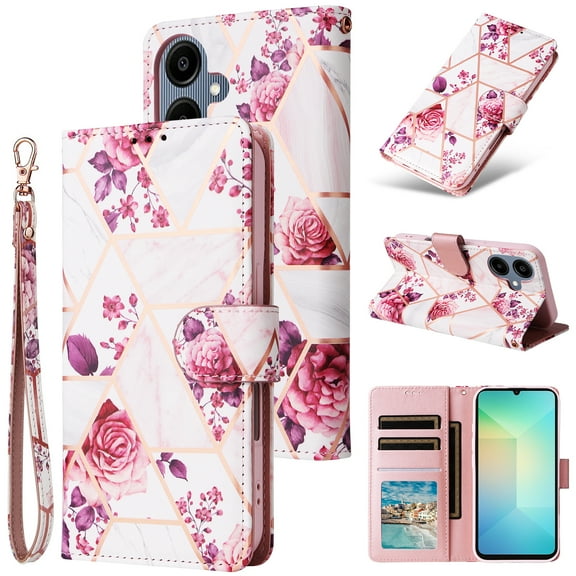 Compatible with Samsung Galaxy A07 Wallet Case, Marble Pattern PU Leather Flip Cover with Card Holder Kickstand, Shockproof Protective Phone Case for Samsung Galaxy A07, Rosegold