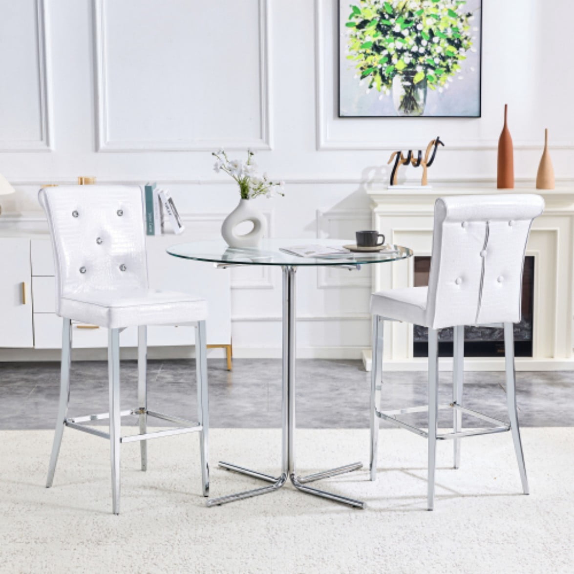 Set of 2 Vintage Bar Chairs, Faux Crocodile Leather Upholstered Stools with Crystal Button Details, Adjustable Feet for Kitchen Island & Bar, White & Silver