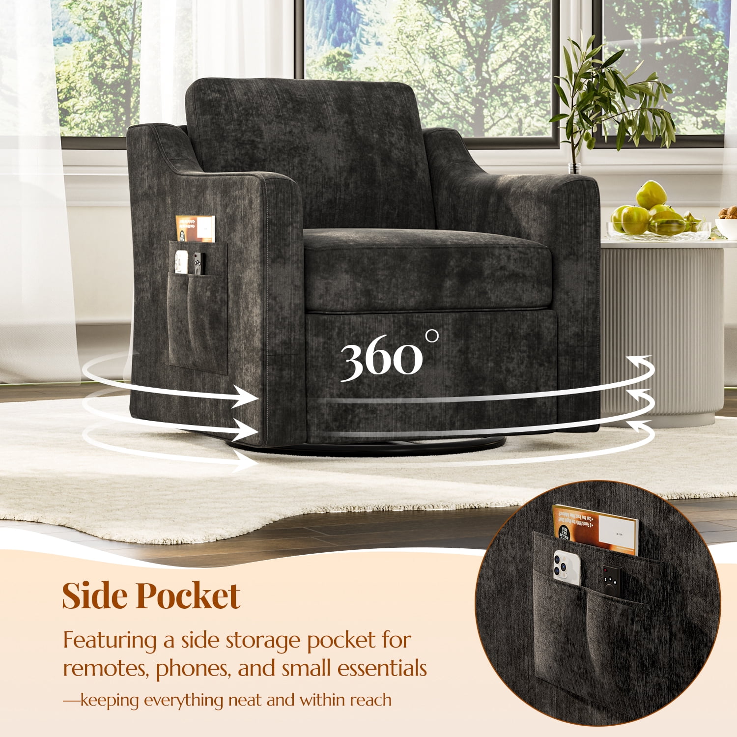 ZBOM 360° Swivel Modern Accent Chair Set of 2, Large Comfy Reading Chairs, Accent Square Single-seat Armchair Upholstered Sofa for Reading, Living Room, Bedroom, Black