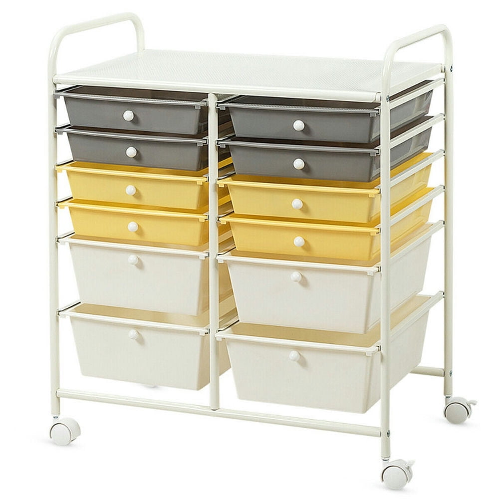 Demi Bonn 12 Drawers Rolling Cart Storage Scrapbook Paper Organizer Bins with 4 Universal Casters, Yellow & Beige & Gray