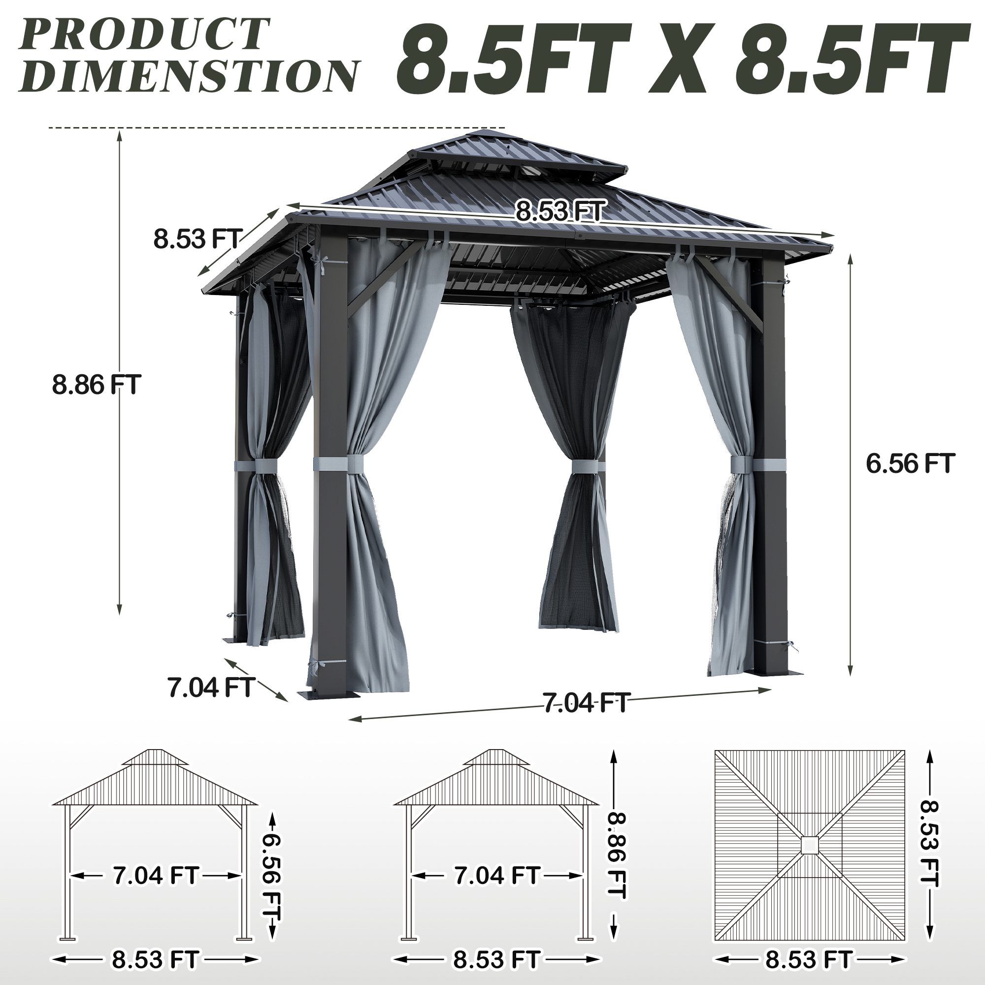 Howsvn 8.5 x 8.5 Ft. Outdoor Double Steel Roof Hardtop Gazebo, Patio Aluminum Frame Gazebos with Netting and Curtains for Garden, Backyard