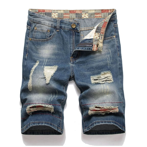 Frwgonr Men's Ripped Denim Jean Shorts with Zip Pockets Elastic Stretch Outdoor Casual Summer Bottoms