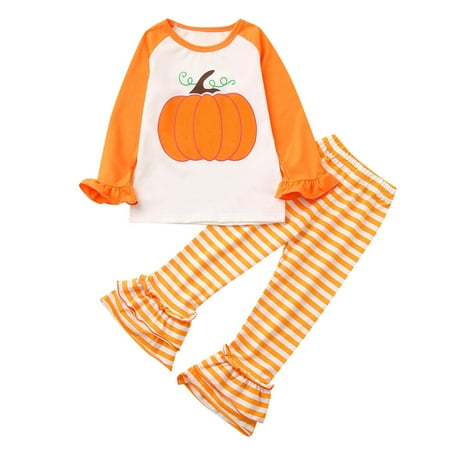 

Honeeladyy Sales Online Toddler Baby Girls Halloween Pumpkin Long Sleeve Tops+Striped Bell-bottoms Pants
