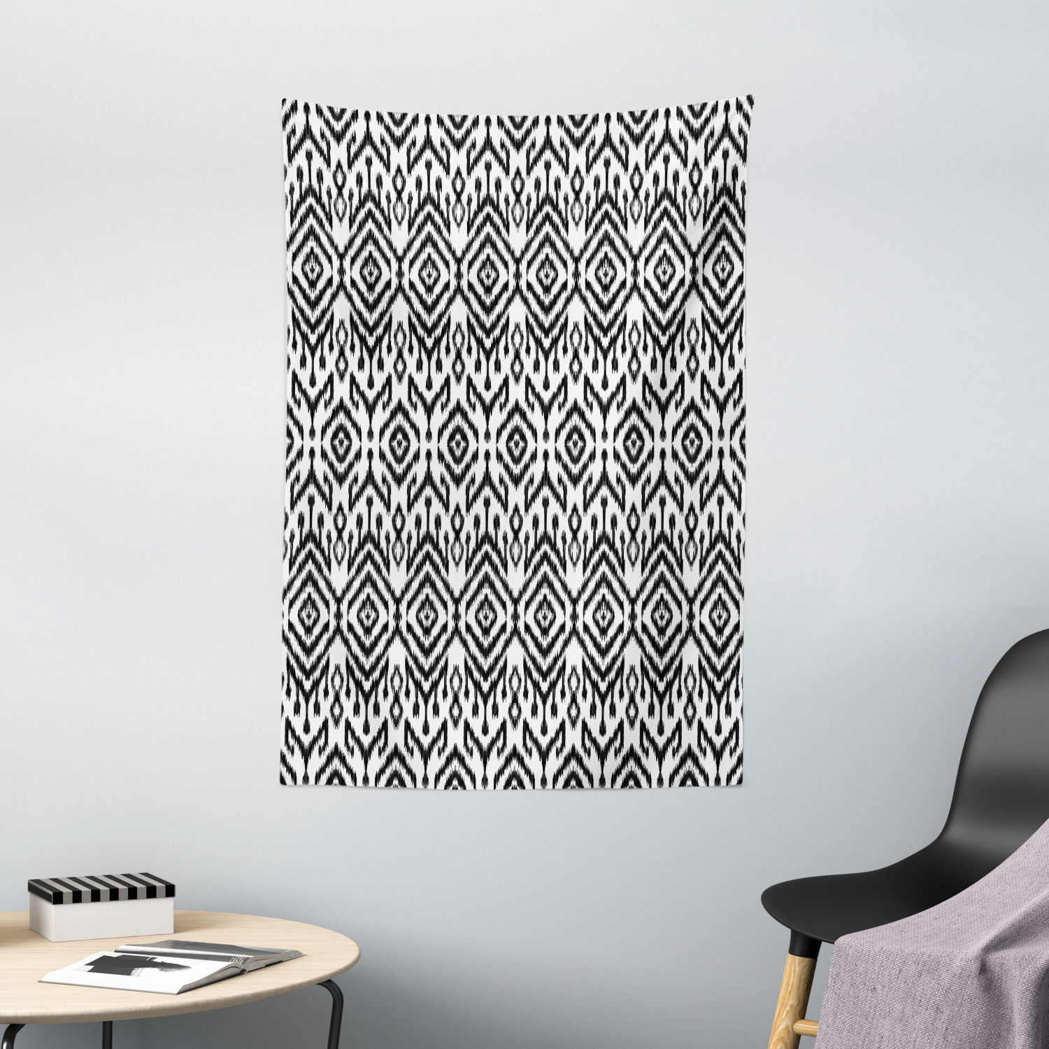 Black and White Tapestry, Monochrome Ikat Pattern Bohemian Ethnic