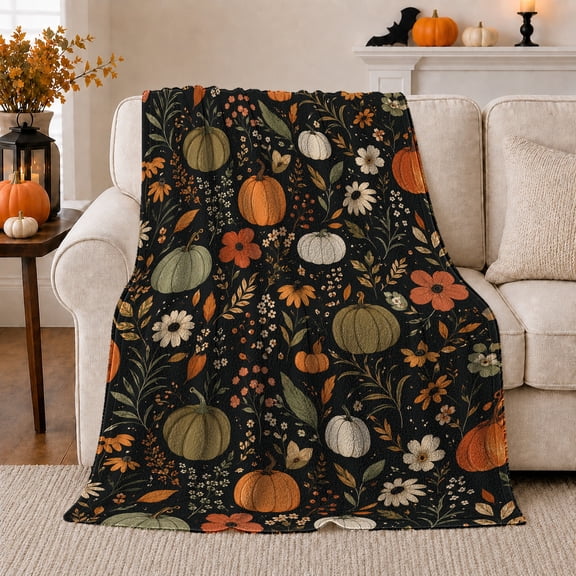 Pumpkins Autumn Flora Black, Cozy Friendship Quote Scene, Warm Flannel Blanket for Ranch House and Living Room, Art Lovers Thanksgiving Gift, Artistic Home Decor