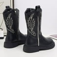 thumbnail image 4 of Boys Girls Cowboy Boots Trendy Embroidery Leather Round Toe Mid Calf Western Cowgirl Booties Side Zipper Fall Winter Long Riding Boots 4 Big Kid Black, 4 of 6