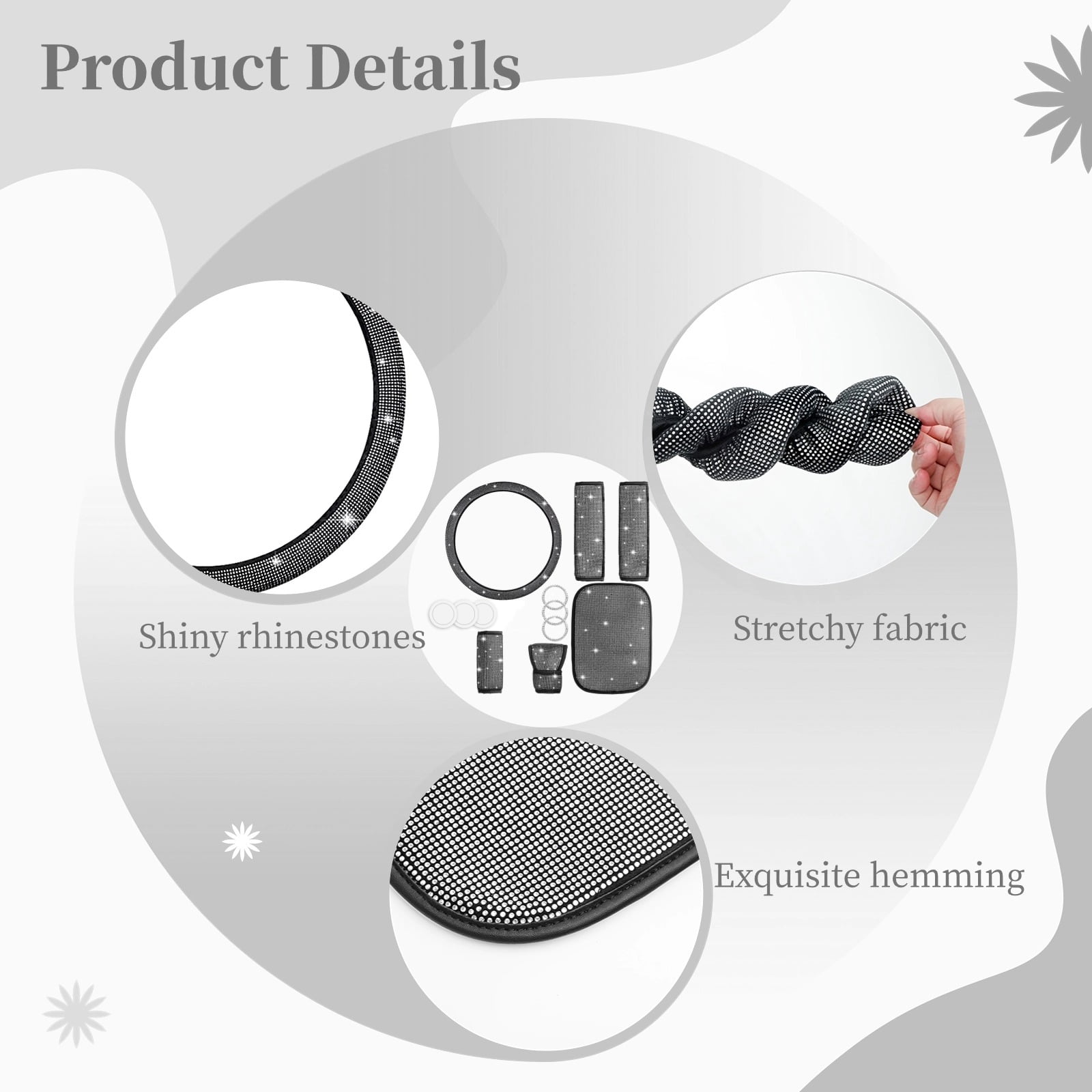 Bling Crystal Diamond Steering Wheel Cover, 9Pcs Shiny Rhinestone Sparkling Car Interior Decorations, Car Accessories for Women Girls, Universal Fit 14-15inch