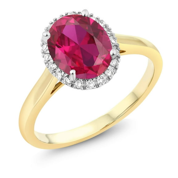 Gem Stone King 10K Two-Tone Gold Oval Red Created Ruby and Diamond Halo Engagement Ring 2.00 Ct (Size 5)
