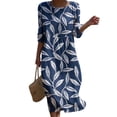 thumbnail image 2 of Ayolanni Fall Dresses Crew Neck Floral 3/4 Sleeve A-Line Maxi Dress Beach Flowy Pleated Boho Long Dress Blue S, 2 of 6