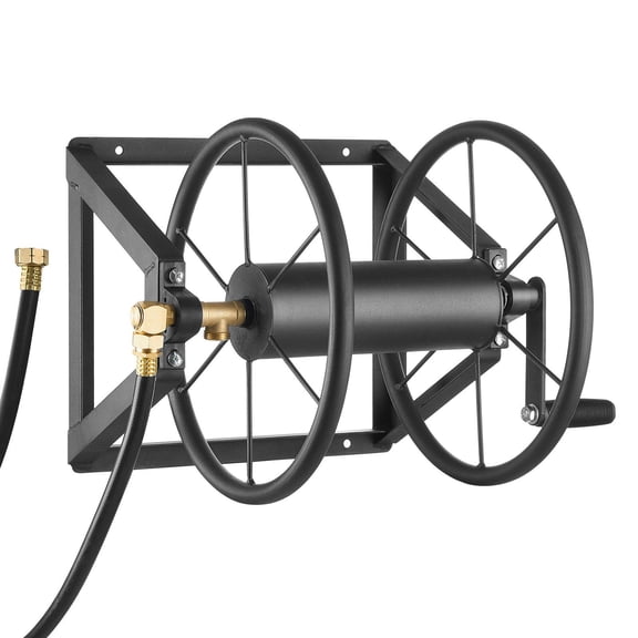 Wall Mounted Garden Hose Reel Heavy Duty Steel Manual Water Hose Winder Holds 200 ft 5/8 Inch Hose with Brass Fitting and 5 ft Leader Hose Space Saving for Yard Lawn Garage