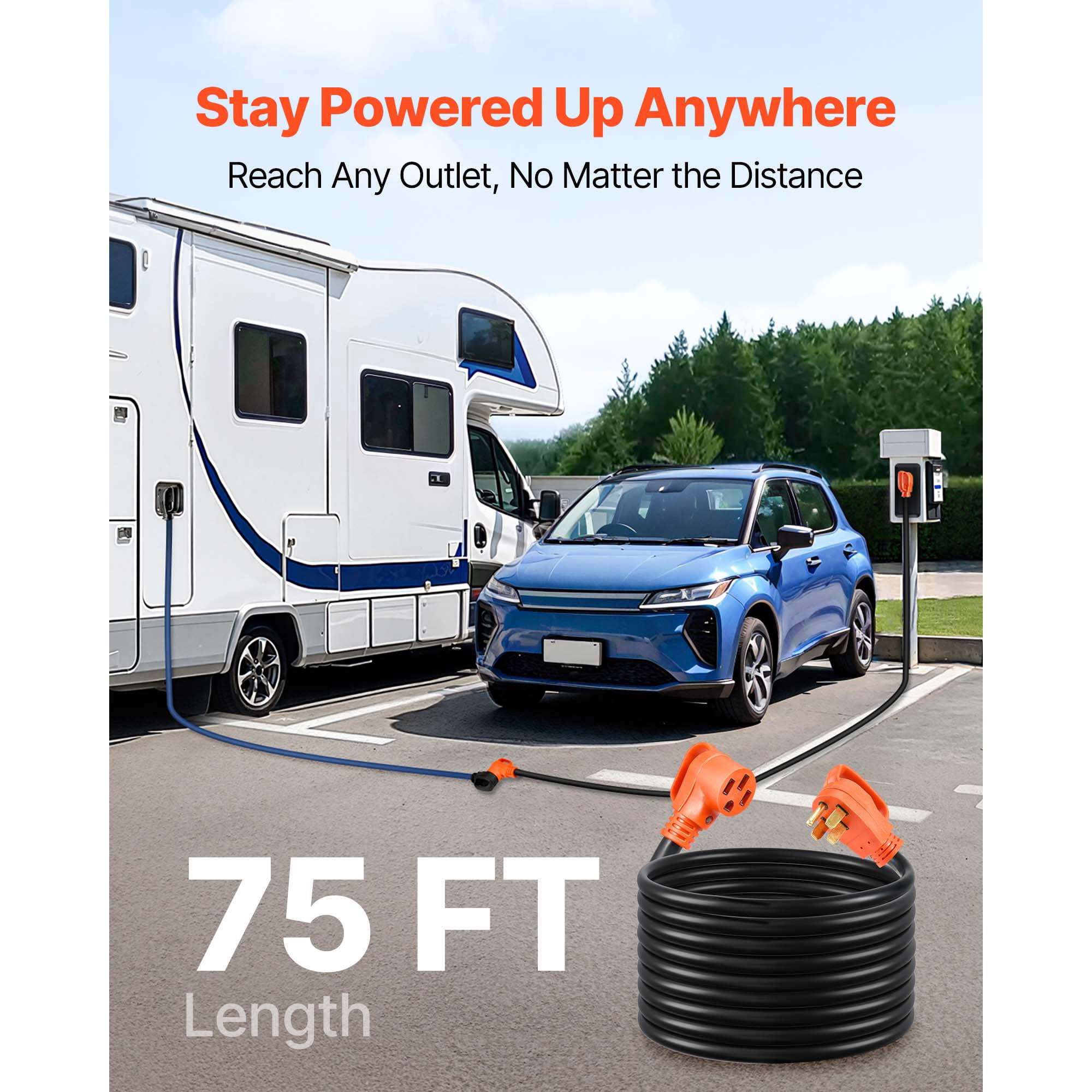 KFFKFF 75 FT RV Extension Cord, 50 Amp, 125V/250V 7500W Durable STW 6/3 + 8/1 Gauge Cable, NEMA 14-50P Male to NEMA 14-50R Female Connector, Includes LED Indicator, Handle, and 15A Adapter for RVs