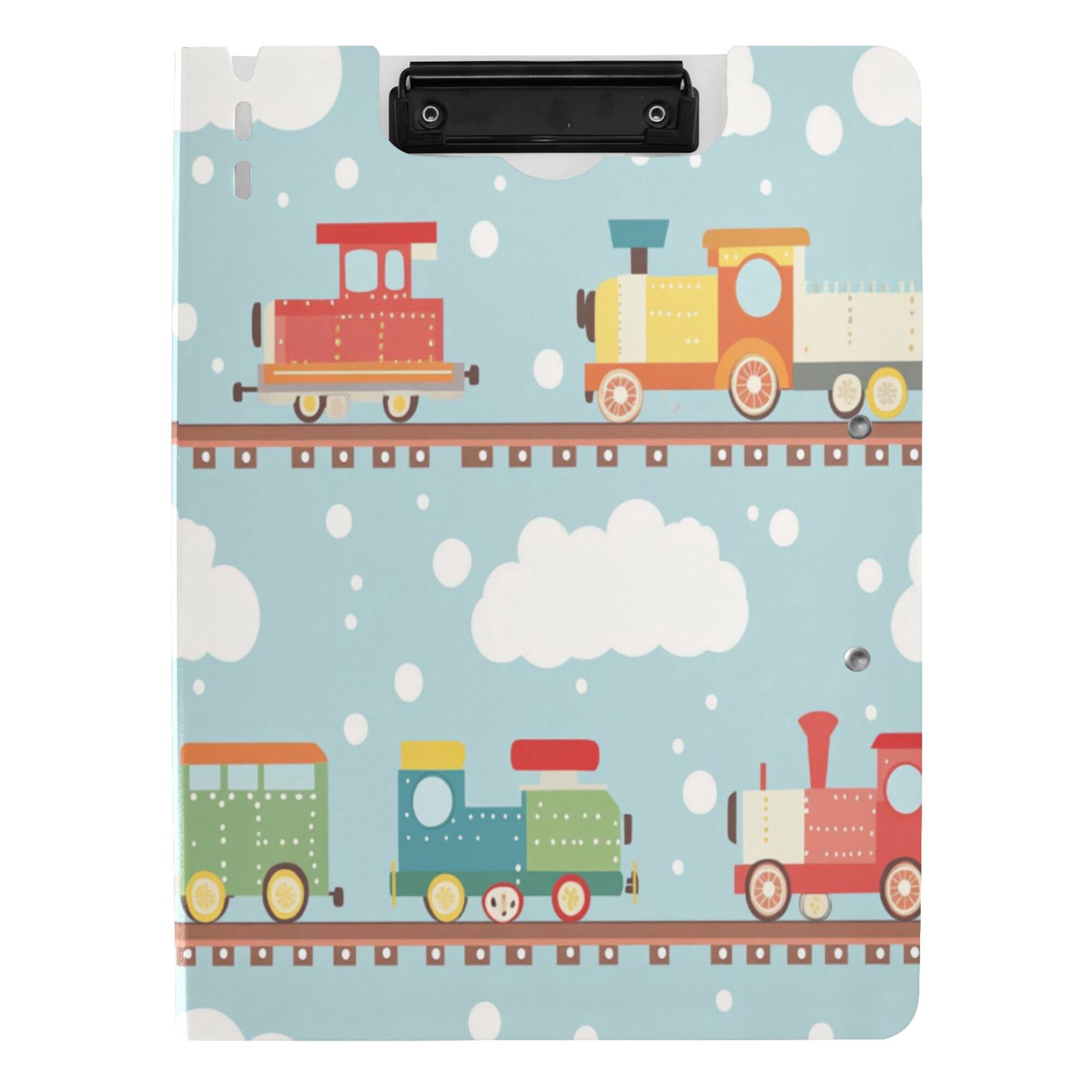 FORMRS A4 Clipboard Folder with Pen Holder Horizontal Foldable School Office Binder, Red Trains Pattern