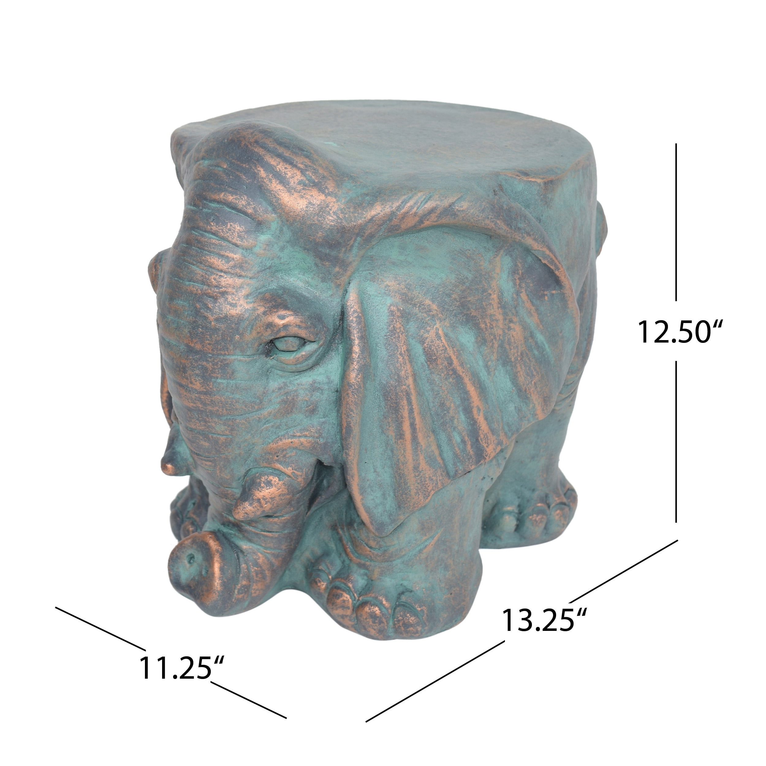 Mintazer Verdigris Copper Patina Elephant Garden Stool, Weatherproof Concrete Animal Sculpture Plant Stand Accent Side Table for Patio Lawn Balcony