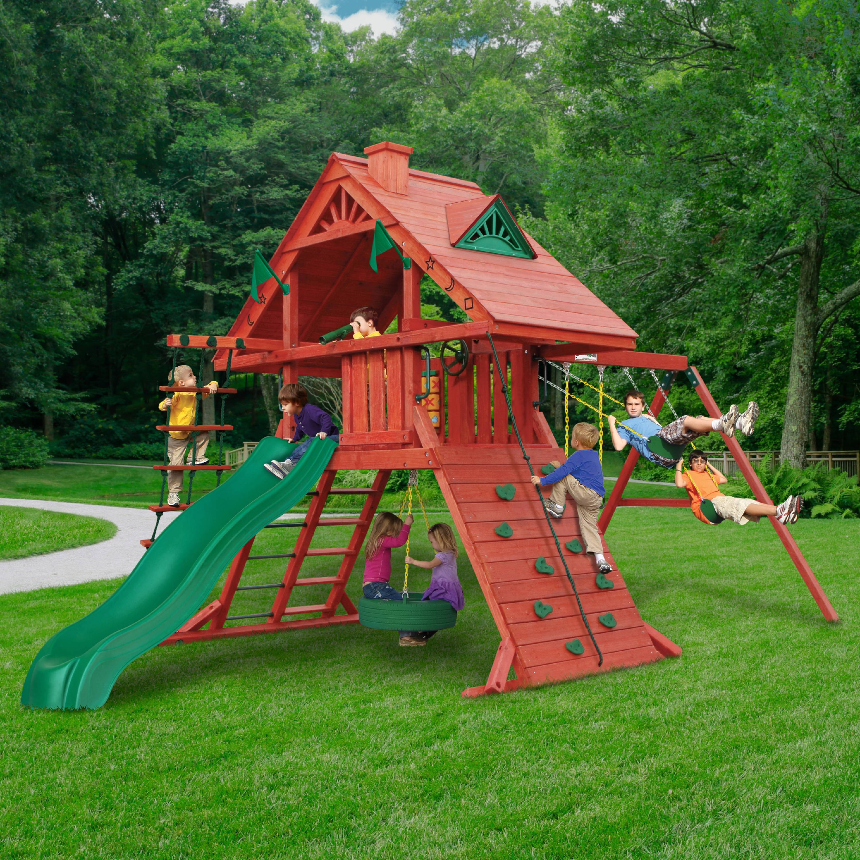 Gorilla Playsets Sun Palace I Wooden Swing Set with Tire Swing, Extra Large Rock Climbing Wall, and Rope Ladder - image 3 of 11