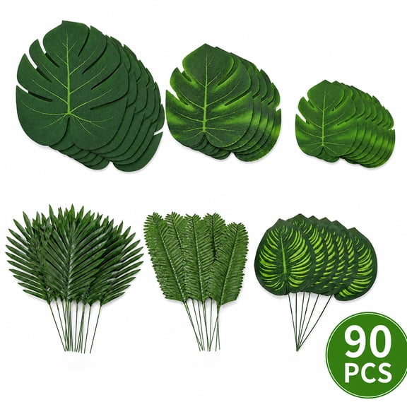 Tropical Decor Faux Palm Leaves Artificial Palm Jungle Leaves Hawaii Party Decorations for Beach Wedding Birthday 90 Pcs