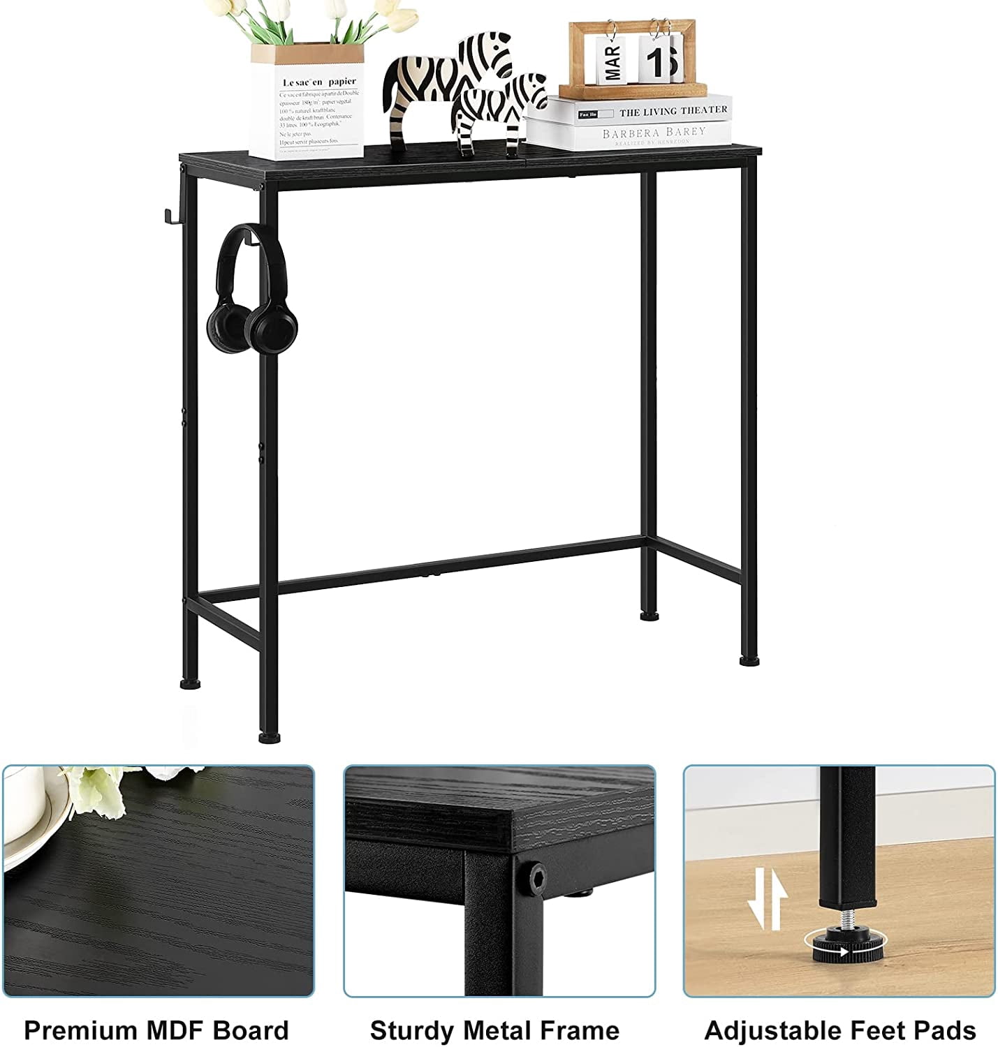 Narrow Console Entryway Table with Hooks, Black