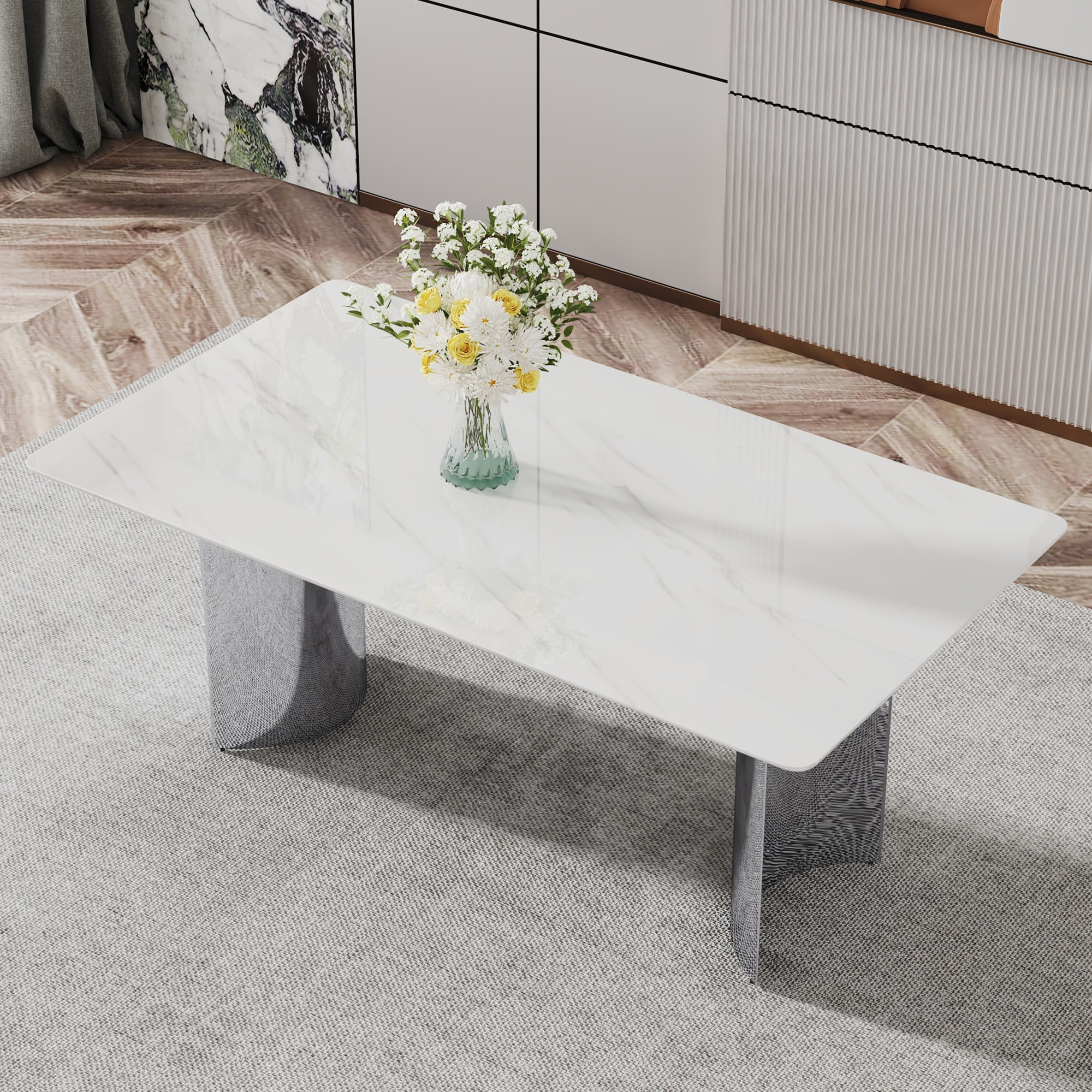TesNus 71" Rectangle Dining Table, White Faux Marble Top with Silver Base, Modern Long Table for Kitchen and Dining Room