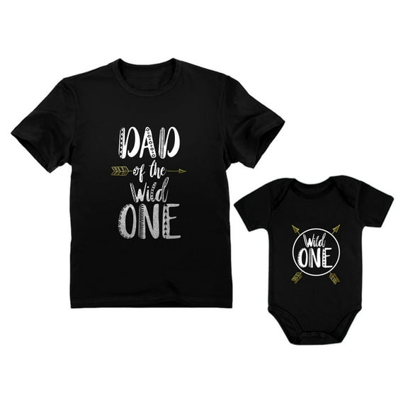 Dad and Baby Matching Clothes Wild One Dad Shirt Baby Bodysuit 1st Birthday Set Dad Black XX-Large / Baby Black 6M (3-6M)