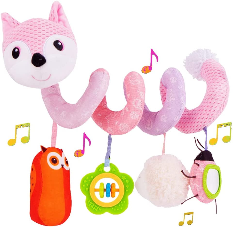 Baby Car Seat Toys, Infant Activity Spiral Plush Toys Hanging Stroller Toys for Baby with Musical Sheep Rattles Owl Ladybird with Distorting Mirror - Pink Fox