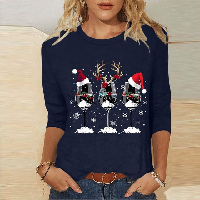 TSADFHJI Hauts pour Femmes Manches Longues Fantaisie 2024 T-Shirt de Noël Décontracté Rouge Verre Graphique T-Shirt Mode Manches 3/4 Col Rond m Marine