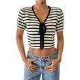 thumbnail image 1 of Cardigan d'Été Rayé à Lacets pour Femmes Mode Manches Courtes Tricoté Abricot TG, 1 of 8