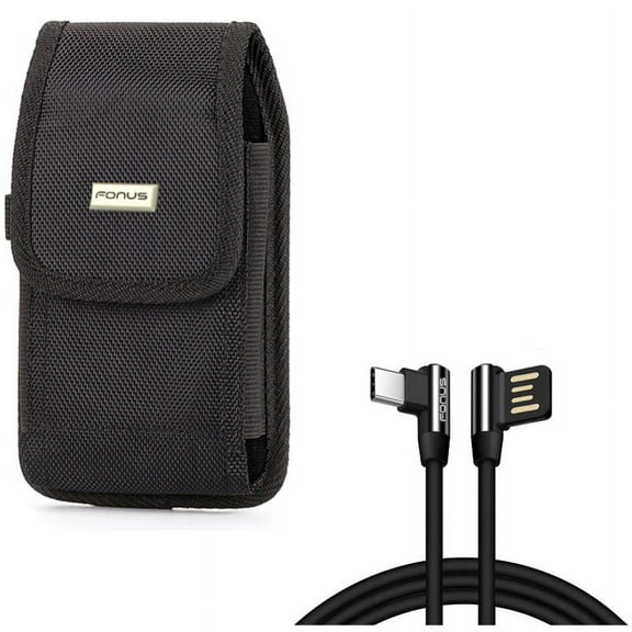 Rugged Canvas Case Vertical Holster Belt Clip w L-Shaped 90 Degree Right Angle 6ft Long Type-C USB Cable Wire Sync P5J for Coolpad Legacy - Google Pixel XL 3a XL 3 XL 2 XL - HTC Bolt, U11