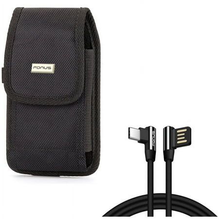 Rugged Canvas Case Vertical Holster Belt Clip w L-Shaped 90 Degree Right Angle 6ft Long Type-C USB Cable Wire Sync P5J for Coolpad Legacy - Google Pixel XL 3a XL 3 XL 2 XL - HTC Bolt, U11