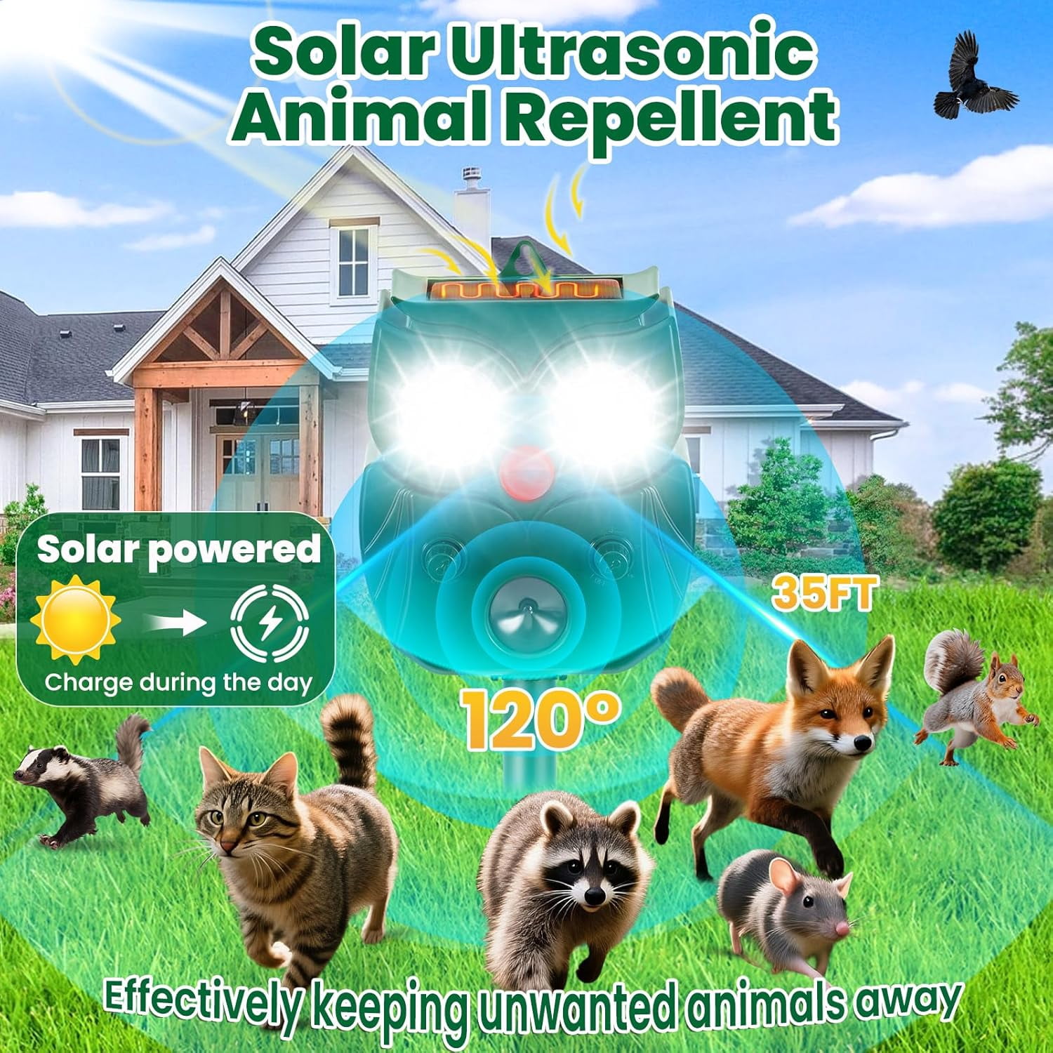 2026 Solar Ultrasonic Deer Deterrent, Cat Deterrent Outdoor, Dog Repellent for Yard, Repels All Animal Repellent Outdoor, 1/2/4 Pack