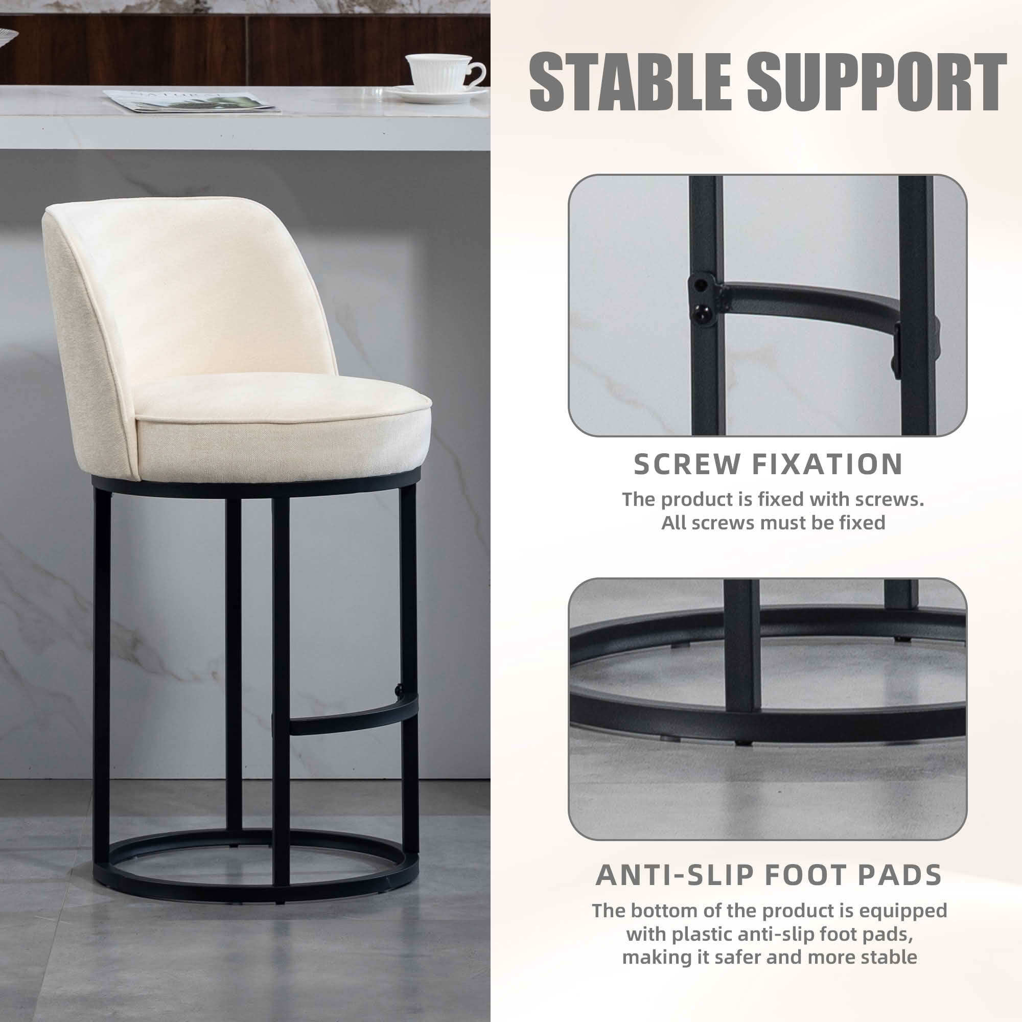 MAYEERTY Counter Height Bar Stools Set of 2, Barrel Back Linen Accent Stools with Footrest for Kitchen, Beige