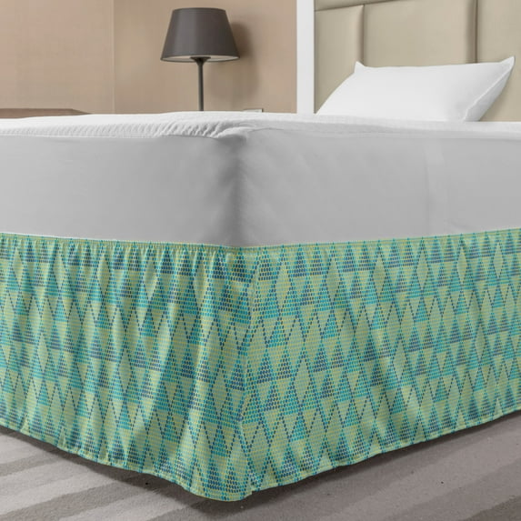 Abstract Bed Skirt, Modern Composition of Diamond Shapes Styled with Dots, Elastic Bedskirt Dust Ruffle Wrap Around for Bedding Decor, 4 Sizes, Azure Blue Mint Green, by Ambesonne