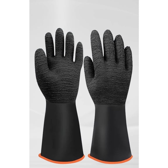 ICERUN Heavy Duty Rubber Gloves,Industrial Chemical Resistant Gloves Waterproof Reusable Protective Work Gloves for Cleaning,Dishwashing with Non-Slip Design,Black,14" 1 Pair