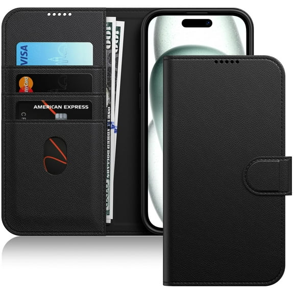 JETech Wallet Case for iPhone 15 6.1-Inch, Shockproof PU Leather Magnetic Flip Cover with Card Holder, Stand Feature and Full Camera Protection (Black)