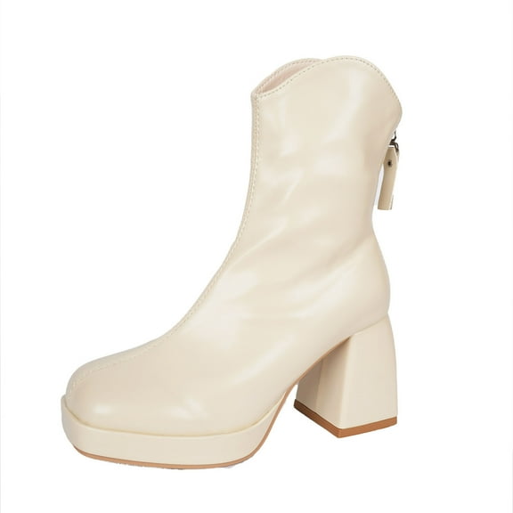 Women's Platform Ankle Boots Chunky High Heel Square Toe Stretch Short Combat V-port Boots Booties Back Zipper Stylish Winter Causal Booties for Women