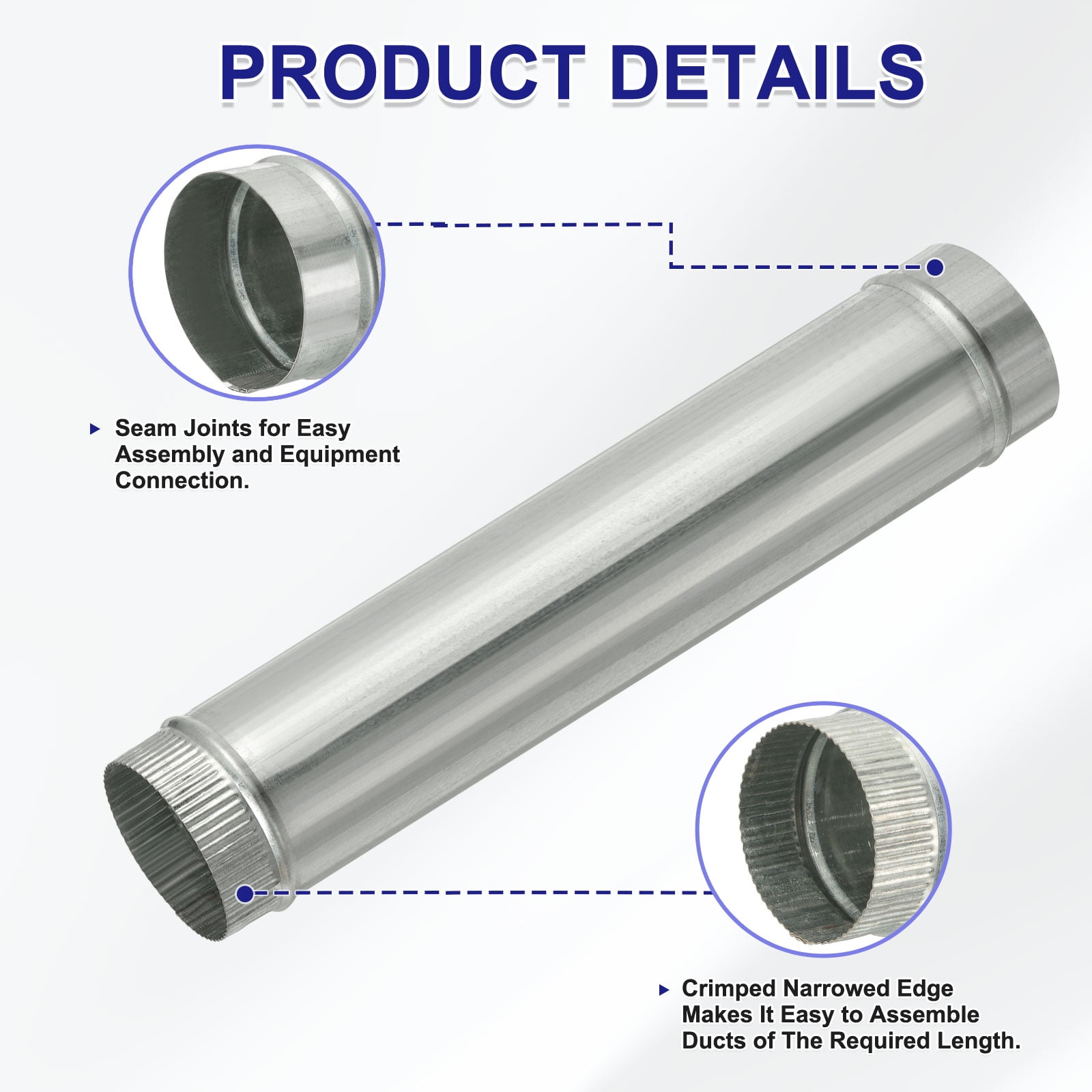 Uxcell 4 x 20 Inch Round Dryer Duct, 1PCS Galvanized Steel Crimped Straight Air Vent Duct Extension Coupler Pipe Adapter Connector for HVAC Dryer Hood Ventilation Chimney, Silver