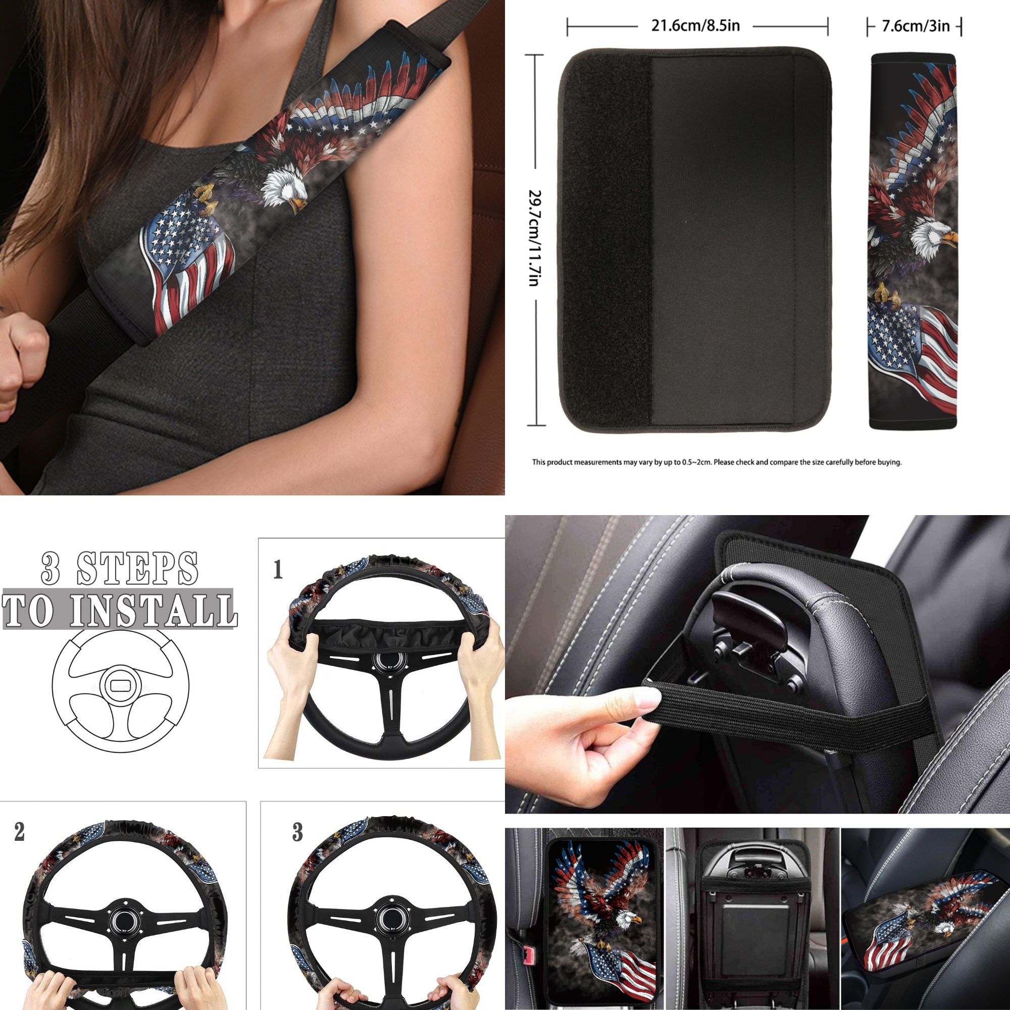 Jeiento Eagle Car Seat Cover Full Set with American Flag Floor Mats Steering Wheel Cover Seatbelt Pad Armrest Cover Coasters Keychains Lipstick Holder Universal Auto Interior Accessories Set of 17