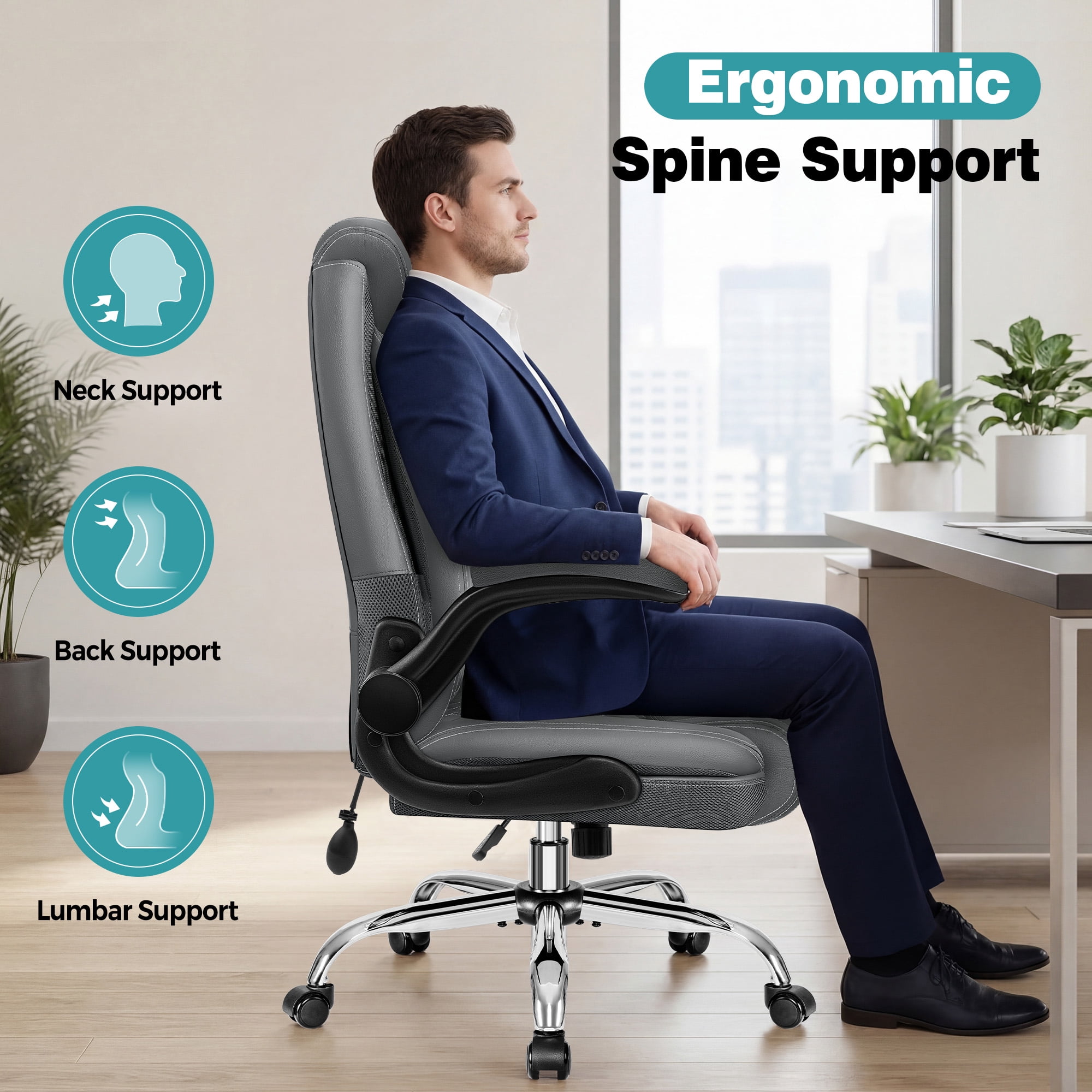 ATHOPE Leather Office Chair, Executive Desk Chairs with Flip-up Padded Armrests, Big and Tall Office Chair with Wheels, Ergonomic Computer Chair with Lumbar Support for Home Office, Gray