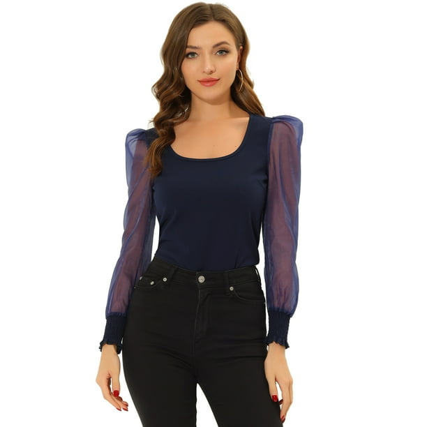 Allegra K Blusa de manga larga con cuello redondo y malla