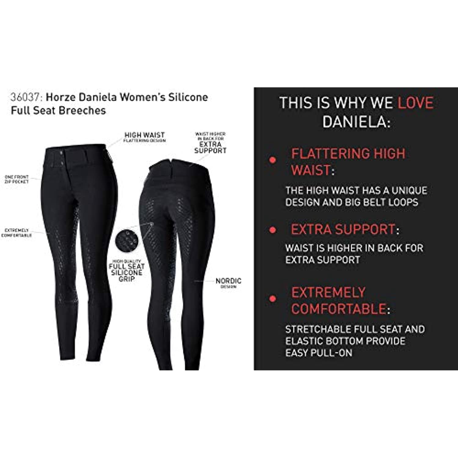 HORZE Daniela High Waist Comfortable Equestrian Riding Breeches with Silicone Full Seat - Dark Navy - US 26