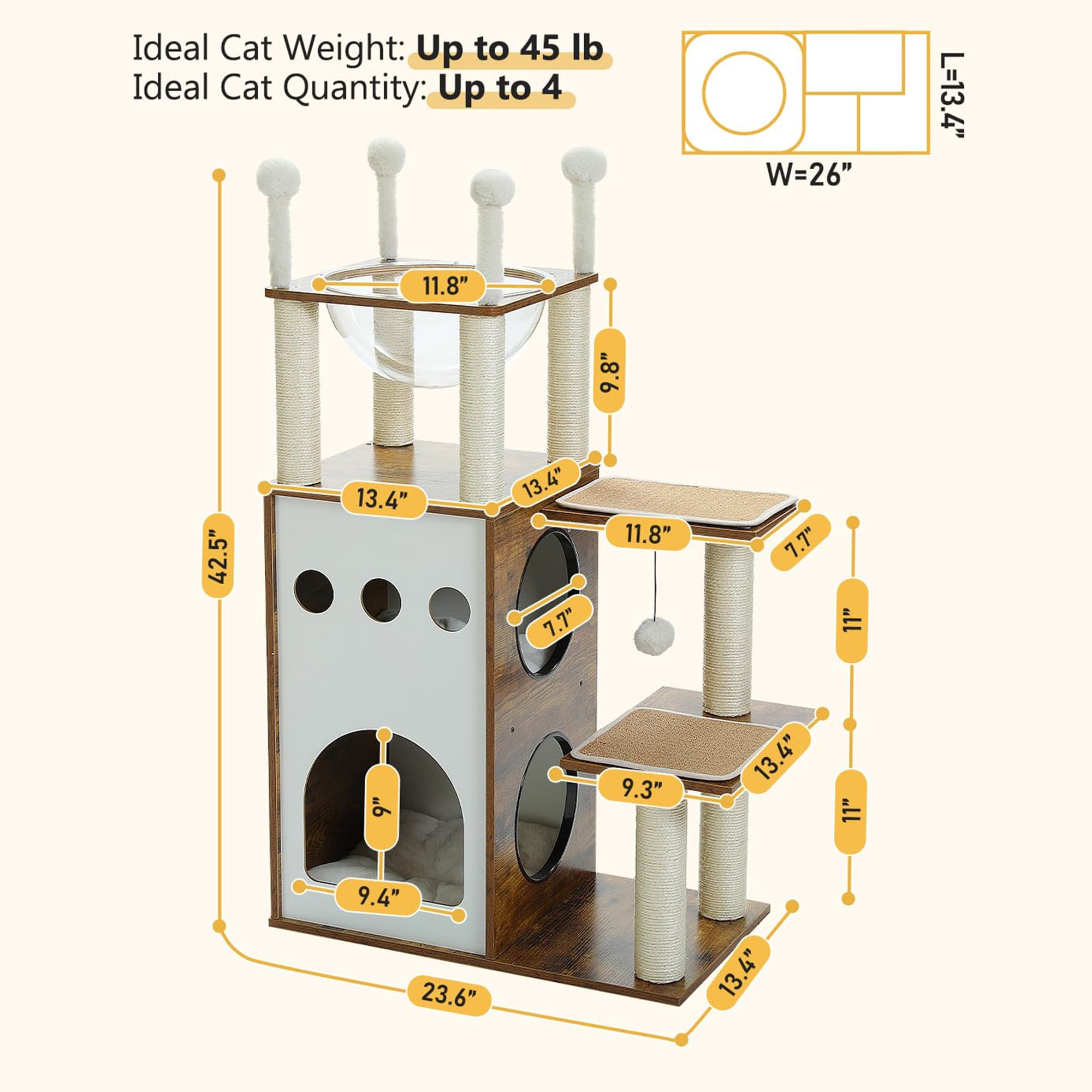 resenkos 42" Cat Tree House for Multiple Cats, Cat Tower with Double Spacious Condos Perch, Hammock, Kittens Activity Centre, Brown