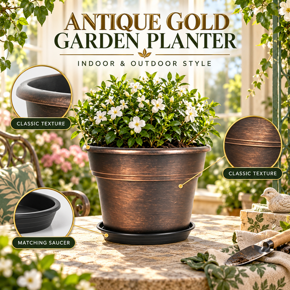 Thickened Plastic Flower Pot for Outdoor Use, Sun Resistant Gold Landscape Planter with Drip Tray, Heavy Duty Gardening Pot for Home Patio Balcony Garden, Large Plastic Flower Pot with Drainage Tray